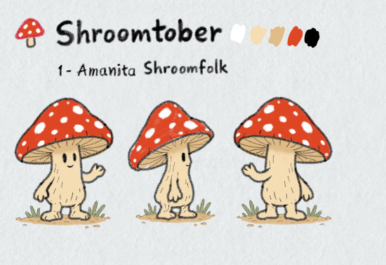 Three-view character sheet for Shroomtober #1, Amanita Shroomfolk: a smiling beige mushroom person with a red white-spotted cap, visible cream gills, short arms and oversized bare feet.