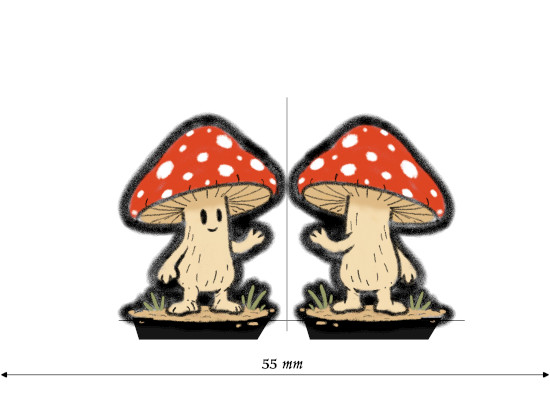 The Amanita Shroomfolk paper mini, front and back on a 55 mm strip