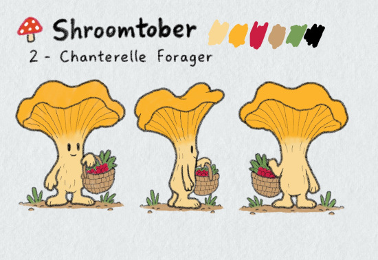 Three-view character sheet for Shroomtober #2, Chanterelle Forager: a slender pale-yellow mushroom person with a wide, wavy golden funnel-shaped cap, carrying a woven basket full of red berries and greens.