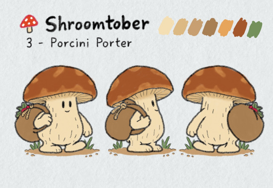 Three-view character sheet for Shroomtober #3, Porcini Porter: a sturdy cream-coloured mushroom person with a broad, mottled brown cap, carrying a large brown sack over his shoulder, tied with string, with a red ribbon and green leaves peeking out of the top.