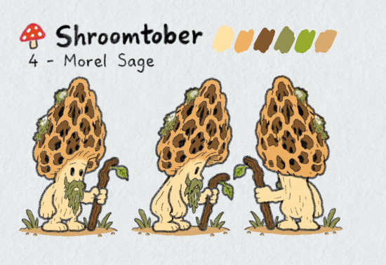 Three-view character sheet for Shroomtober #4, Morel Sage: an old mushroom person with a tall, cone-shaped, honeycombed golden cap dotted with patches of moss, a long mossy green beard, and a crooked wooden staff with a single leaf sprouting from it.